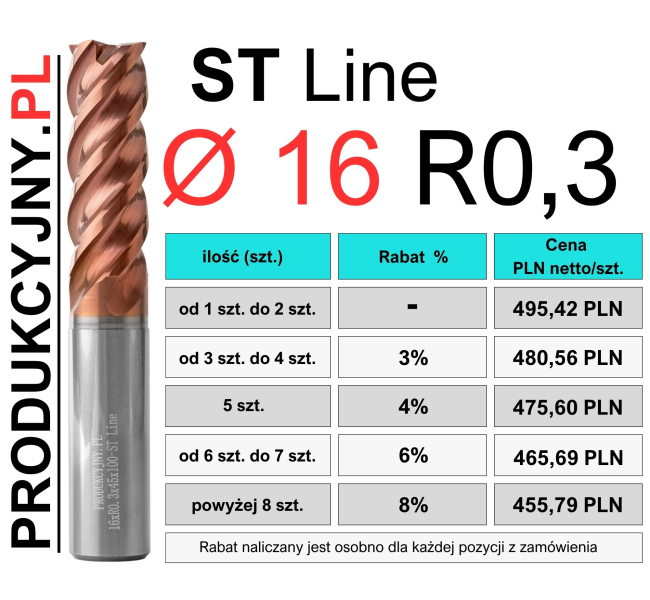 Frez z promieniem naroża fi 16 R0,3 ST LINE